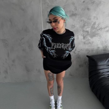 Kadın Bisiklet Yaka Yıldırım Baskılı  Kısa kol Oversize T-Shirt - Siyah